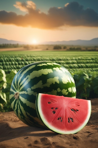 foto van een watermeloen die aan een landbouwgrond is bevestigd met een wazige achtergrond
