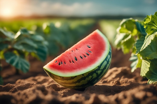 foto van een watermeloen die aan een landbouwgrond is bevestigd met een wazige achtergrond