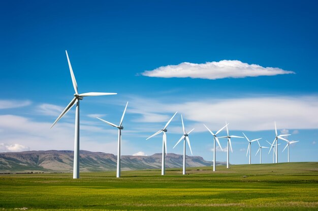 Foto van een windpark of windpark met hoge windturbines voor de productie van elektriciteitGroene energie