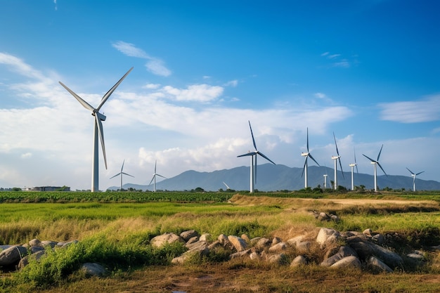 Foto van een windpark of windpark met hoge windturbines voor de productie van elektriciteitGroene energie