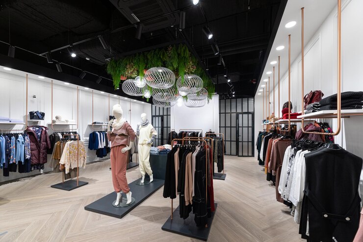 Foto van een winkel van jeugd, modieuze en stijlvolle kleding met jeans, bovenkleding, jas, shirts, trui, hoed, t-shirt, hoodie, broek, voor mannen en vrouwen in een winkelcentrum.