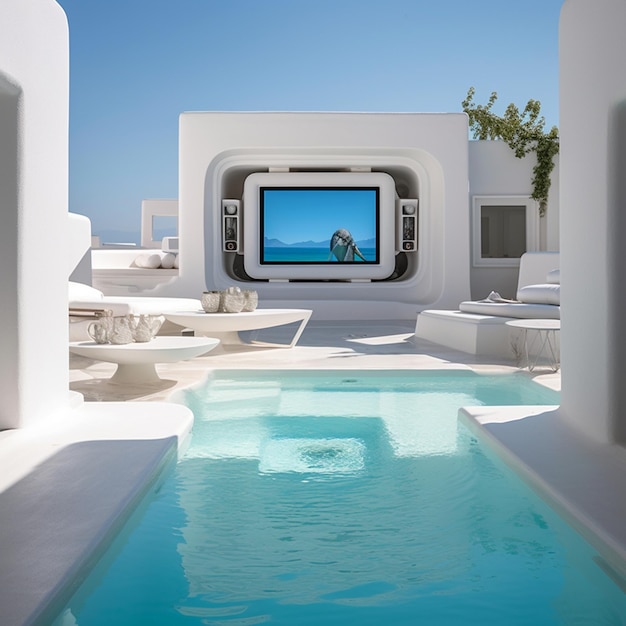 Foto van een wit huis met een zwembad en een tv aan de muur