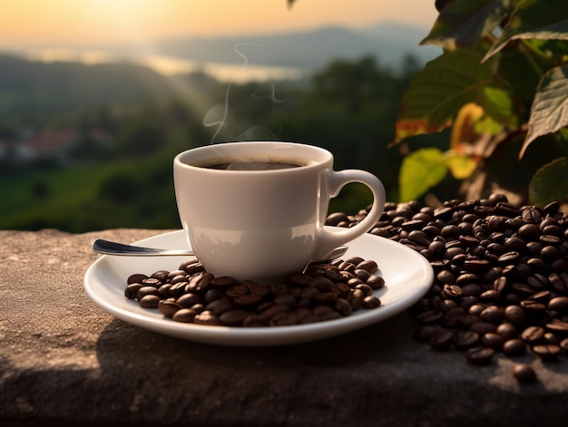 Foto van een witte kop koffie met koffiebonen eromheen en op de achtergrond een landschap