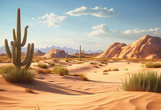 Foto foto van een woestijnlandschap bij zonlicht met cactusplanten