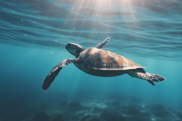 Foto van een zeeschildpad in het neurale netwerk van het eiland Galapagos.