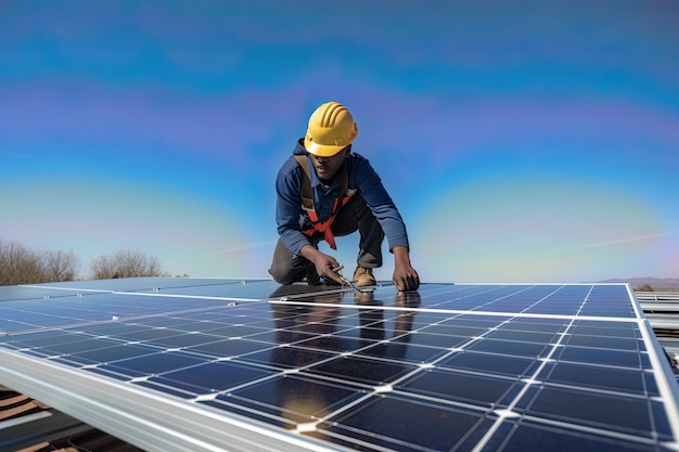 Foto van een zonnepaneelmedewerker die een zonnepaneel installeert