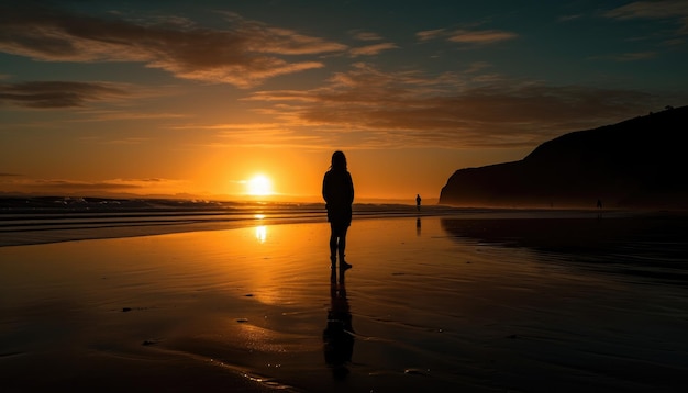 Foto van een zonsondergangsilhouet met een persoon die bij zonsondergang op een strand staat Generatieve AI