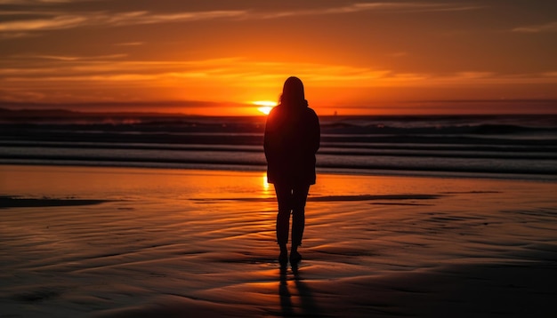 Foto foto van een zonsondergangsilhouet met een persoon die bij zonsondergang op een strand staat generatieve ai