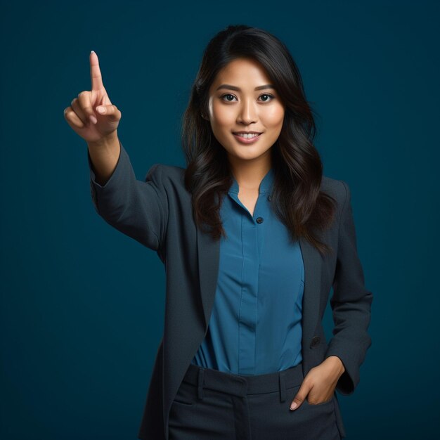 Foto foto van een zuid-oost-aziatische zakenvrouw met een rechtopstaande wijsvinger