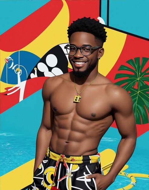 Foto van een zwart mannelijk model in badkleding Poseren in het zwembad met een kleurrijke kunstwerkachtergrond