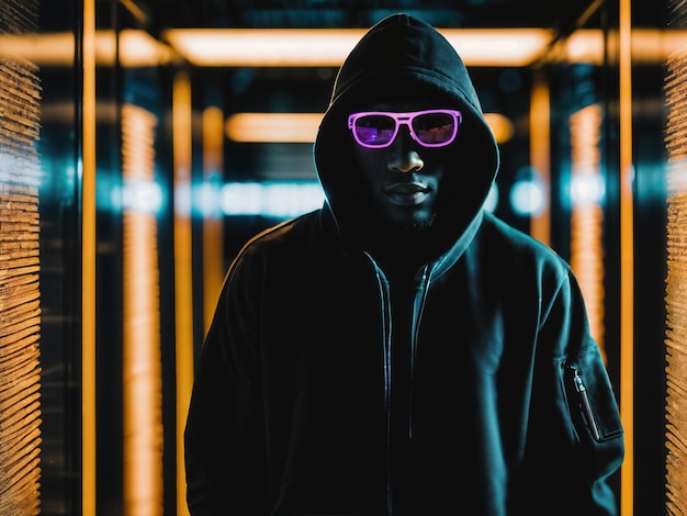 foto van een zwarte man in een zwarte hoodie in een serverdatacenterruimte met neonlicht-generatieve AI