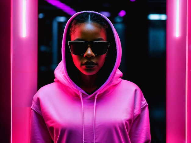 foto van een zwarte vrouw in een zwarte hoodie in een serverdatacenterruimte met neonlicht-generatieve AI