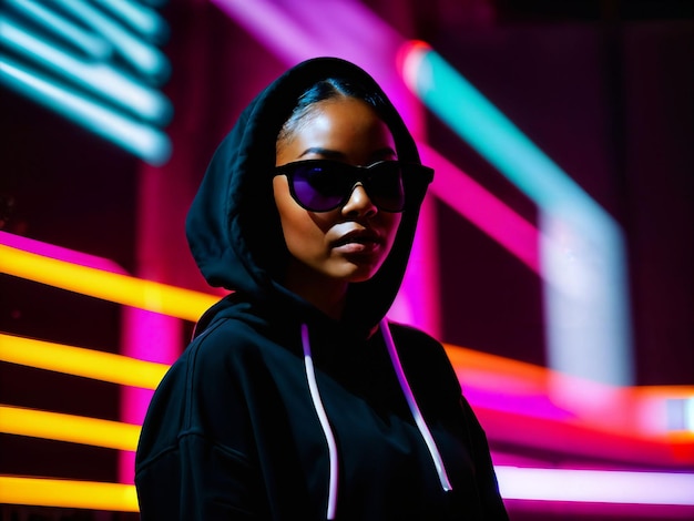 foto van een zwarte vrouw in een zwarte hoodie in een serverdatacenterruimte met neonlicht-generatieve AI