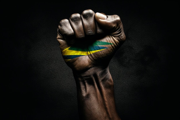 Foto van een zwarte vuist die uit solidariteit is geheven, vergezeld van de levendige kleuren van de Braziliaan