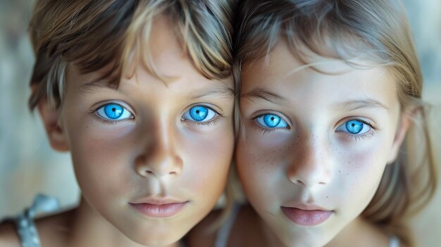 Foto foto van een zweterige zesjarige jongen en meisje met blauwe ogen, blond haar en glimlachend naar de camera.