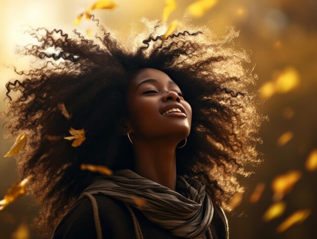 foto van emotionele dynamische pose Afrikaanse vrouw in de herfst