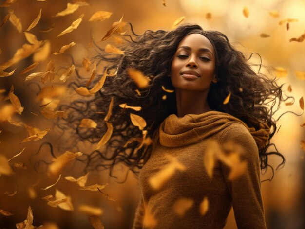 foto van emotionele dynamische pose Afrikaanse vrouw in de herfst