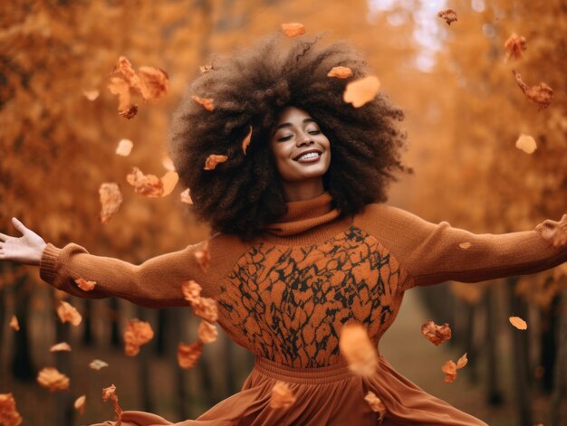 foto van emotionele dynamische pose Afrikaanse vrouw in de herfst