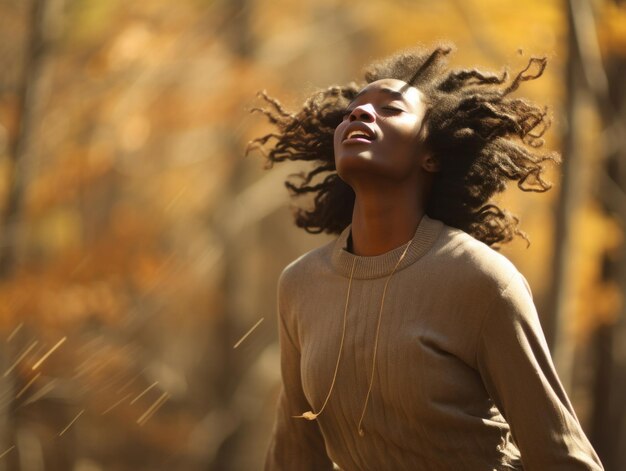 Foto foto van emotionele dynamische pose afrikaanse vrouw in de herfst