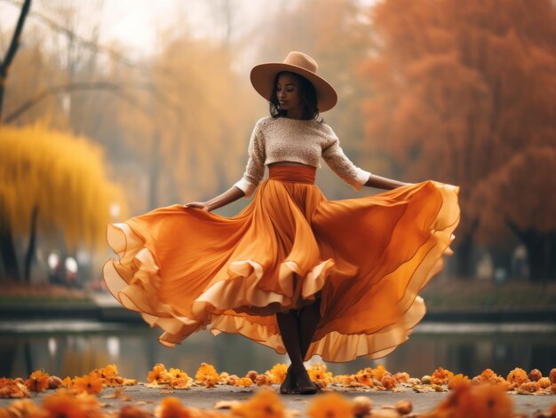 Foto foto van emotionele dynamische pose afrikaanse vrouw in de herfst