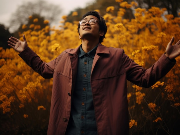 foto van emotionele dynamische pose Aziatische man in de herfst