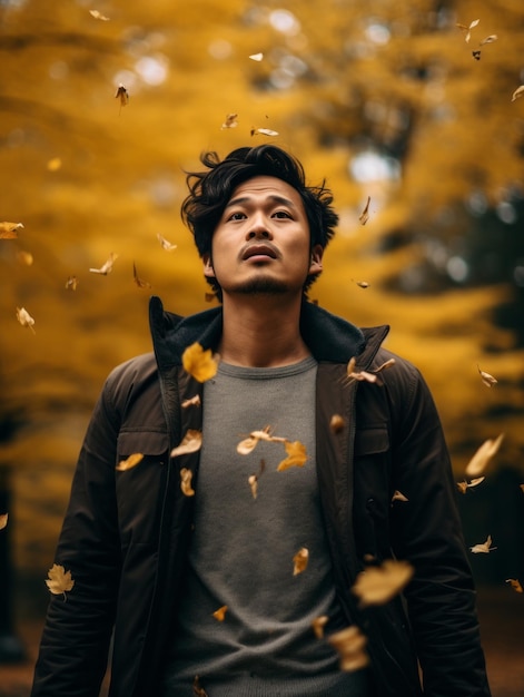 foto van emotionele dynamische pose Aziatische man in de herfst
