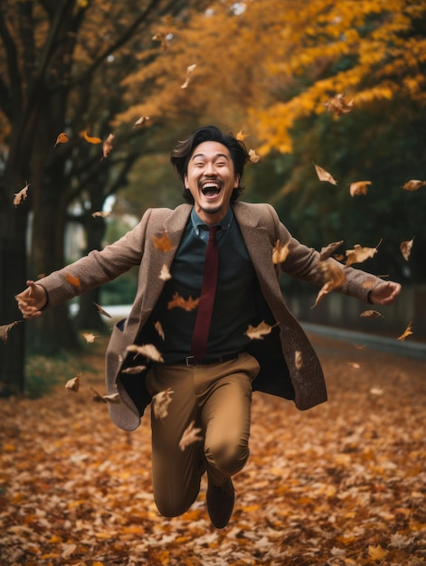 foto van emotionele dynamische pose Aziatische man in de herfst