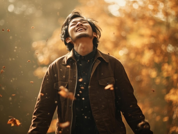 foto van emotionele dynamische pose Aziatische man in de herfst