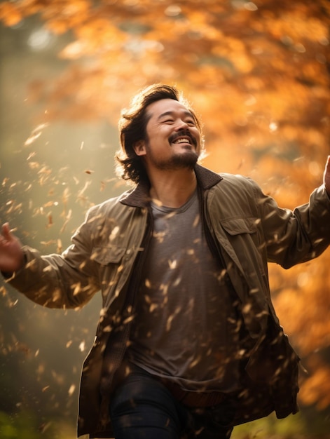 foto van emotionele dynamische pose Aziatische man in de herfst