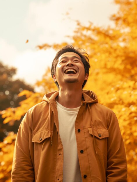 foto van emotionele dynamische pose Aziatische man in de herfst