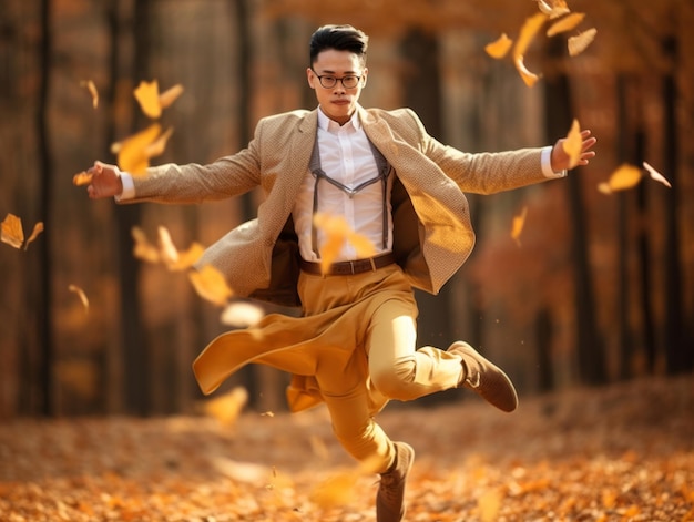 foto van emotionele dynamische pose Aziatische man in de herfst