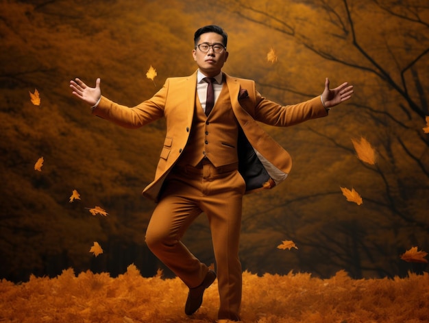 foto van emotionele dynamische pose Aziatische man in de herfst