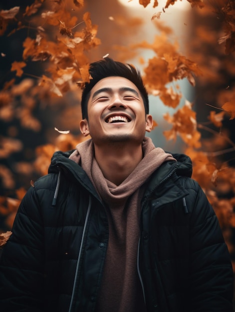 foto van emotionele dynamische pose Aziatische man in de herfst