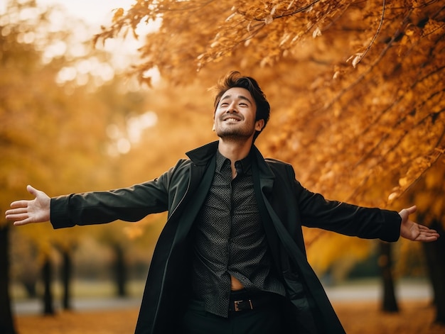 foto van emotionele dynamische pose Aziatische man in de herfst