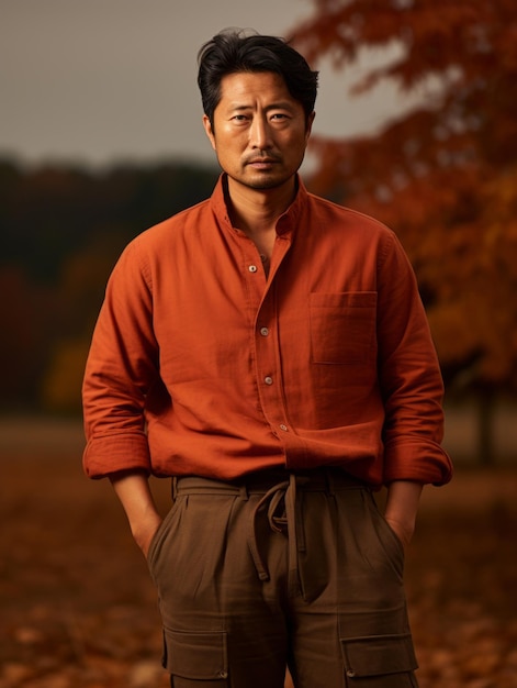 foto van emotionele dynamische pose Aziatische man in de herfst