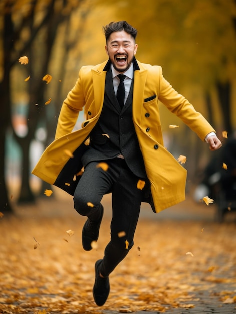 foto van emotionele dynamische pose Aziatische man in de herfst