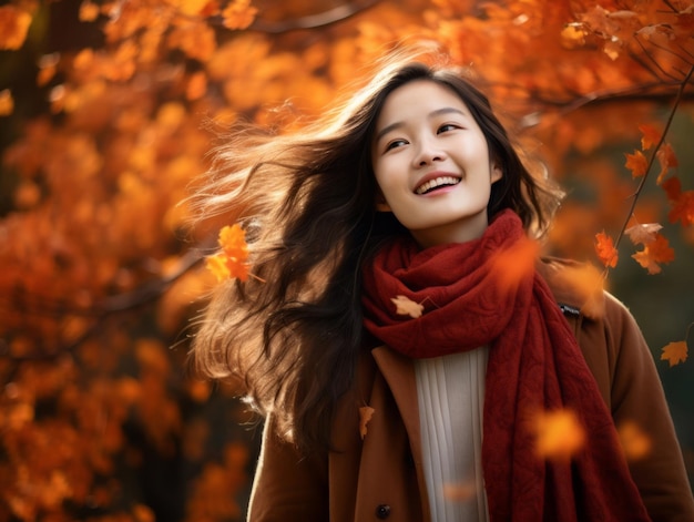 foto van emotionele dynamische pose Aziatische vrouw in de herfst