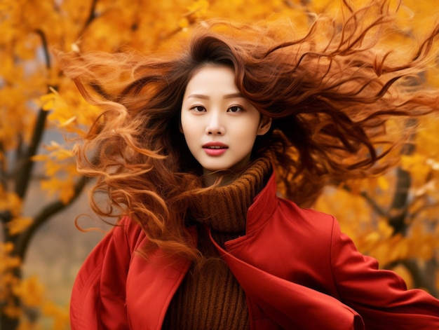 foto van emotionele dynamische pose Aziatische vrouw in de herfst