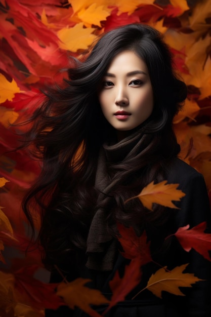 foto van emotionele dynamische pose Aziatische vrouw in de herfst