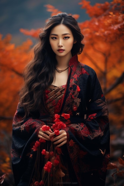 foto van emotionele dynamische pose Aziatische vrouw in de herfst