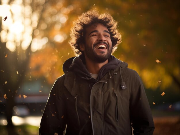 foto van emotionele dynamische pose Braziliaanse man in de herfst