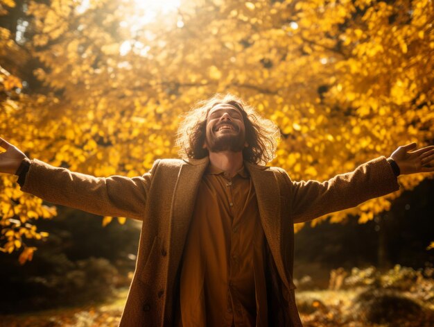 foto van emotionele dynamische pose Braziliaanse man in de herfst