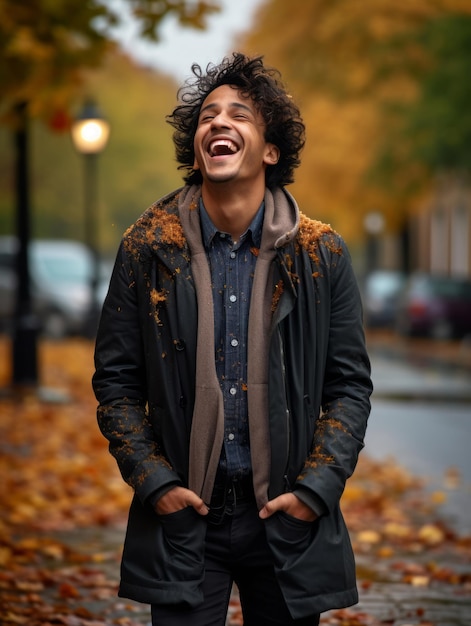 foto van emotionele dynamische pose Braziliaanse man in de herfst