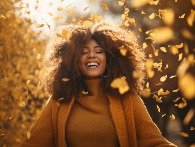 foto van emotionele dynamische pose Braziliaanse vrouw in de herfst