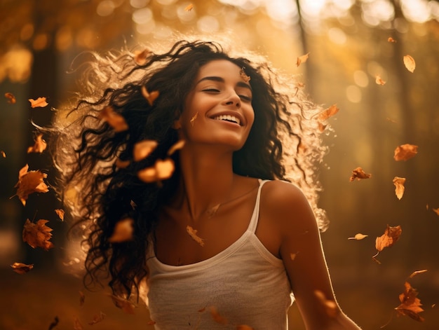 foto van emotionele dynamische pose Braziliaanse vrouw in de herfst