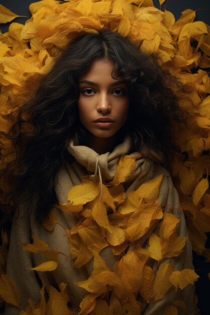 foto van emotionele dynamische pose Braziliaanse vrouw in de herfst