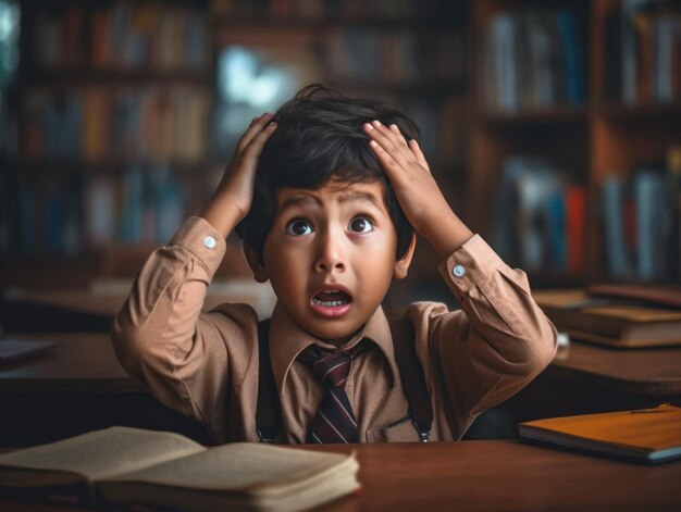 foto van emotionele dynamische pose Indiase jongen op school