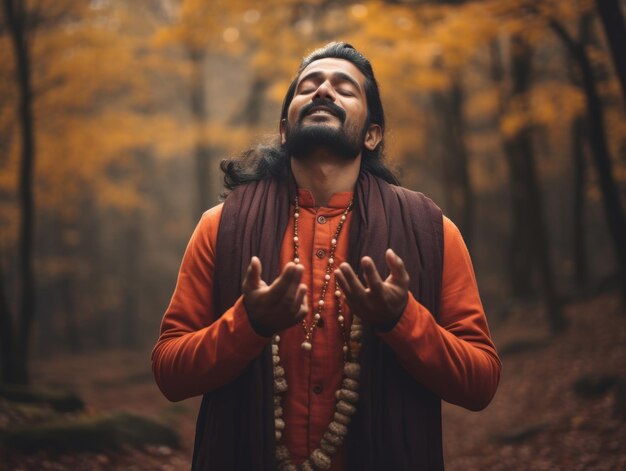 foto van emotionele dynamische pose Indiase man op herfst achtergrond