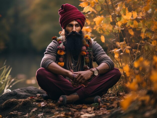 foto van emotionele dynamische pose Indiase man op herfstachtergrond