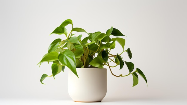 Foto van Epipremnum aureum in minimalistische pot als kamerplant voor woondecoratie op witte tafel